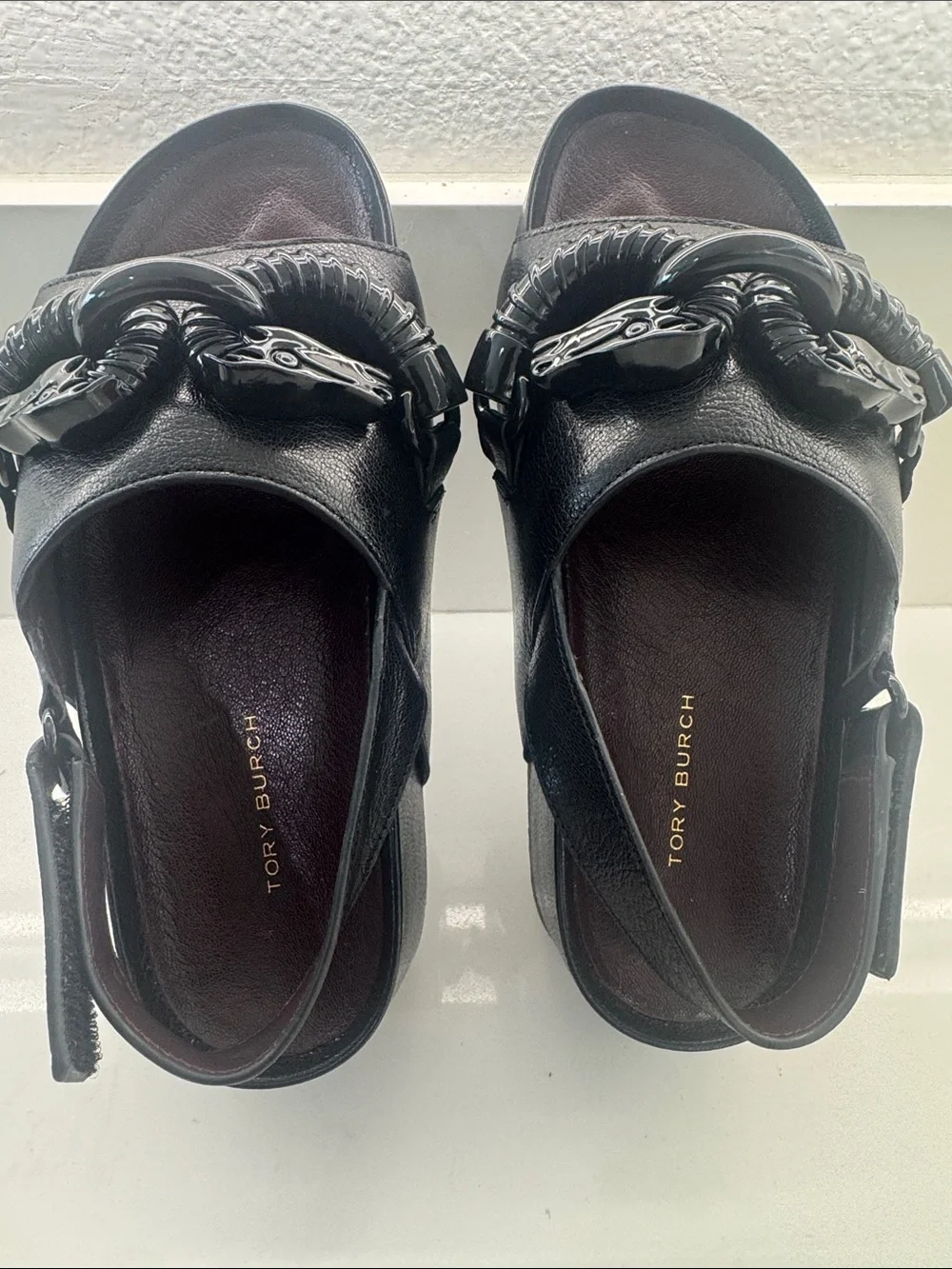 Tory Burch Black Leather Slingback Slides with Chain Accent